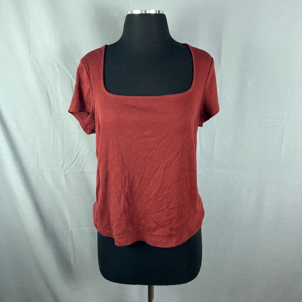 Old Navy Top Women XL Dark Red Wine Cotton Ribbed Cap Sleeve Square Neck Stretch